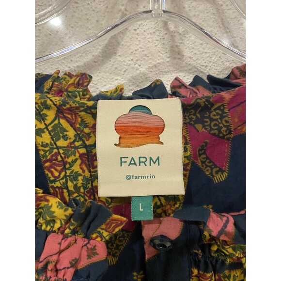 Farm Rio Banana Dress Womens Large Blue Pink Floral Boho Long Sleeve Tiered - Picture 3 of 5